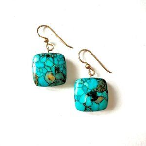 Square Mosaic Turquoise Drop Earrings Gold Filled French Hooks